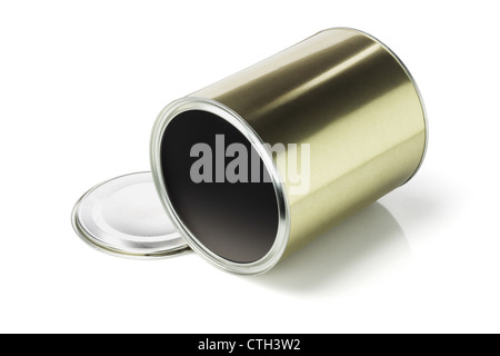 Open Empty Tin Can lying on White Background Stock Photo