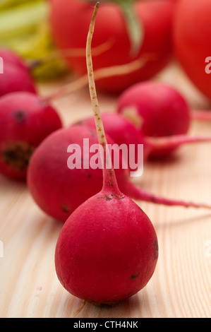 fresh raddish and vegetables over pine wood table closeup Stock Photo