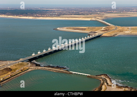 The Netherlands, Kamperland, Oosterschelde Flood Barrier. Part of the Delta Works. Aerial.
