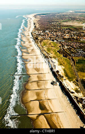 The Netherlands, Domburg, Aerial of beach at low tide. Stock Photo