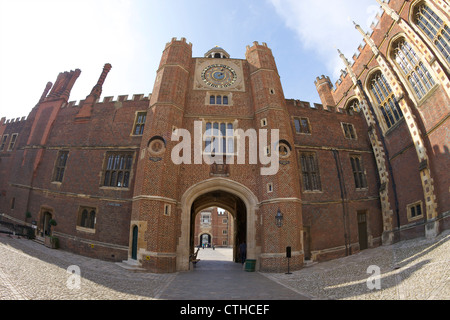 Tudor astrological clock above Anne Boleyn's Gate, Clock Courtyard, Hampton Court Palace, London, Surrey, England, UK, Stock Photo