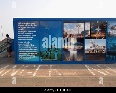 Hoarding at the site of  Brighton's i360 - showing artist's impressions of the planned new observation tower - it opened in 2016 Stock Photo