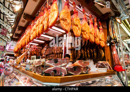 Stall selling jamón ibérico (Spanish ham), Mercado Central (Central Market), Valencia, Spain Stock Photo