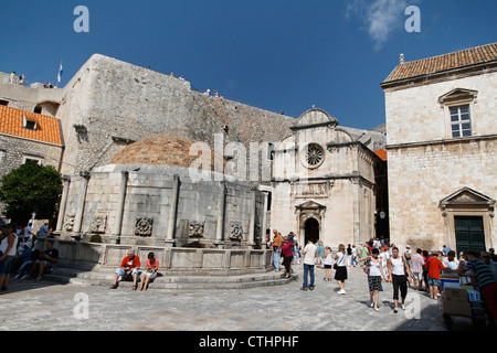 Onofrio Fountain and Church of St. Saviour, entrance of City Walls Dubrovnik, Croatia Stock Photo
