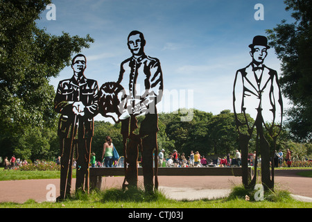 Statues of Michael Sweeney, David Rathband and Stan Laurel in Blyth Park, Northumberland. Stock Photo