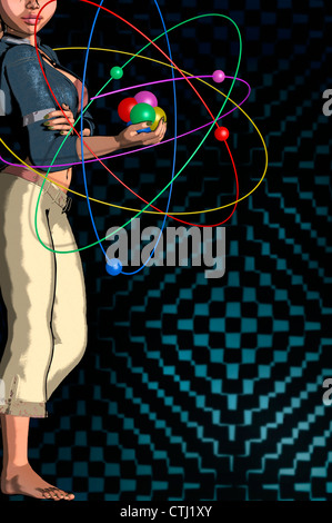 3D computer illustration of a girl playing with an atom, digital design with its nucleus and electrons with elliptical spin on blue background Stock Photo
