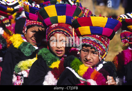 Quechua boys at Raqchi traditional dance festival. Cuzco Department, Peru. Stock Photo