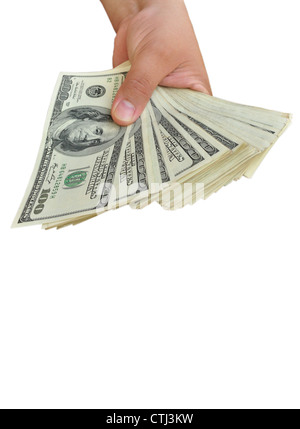 offering dollars stack in the hand isolated on white background Stock Photo