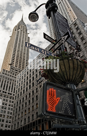 Chrysler building, red traffic light, vertical, New York  Stock Photo