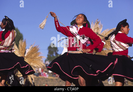 Dancers at Raqchi traditional dance festival. Cuzco Department, Peru. Stock Photo