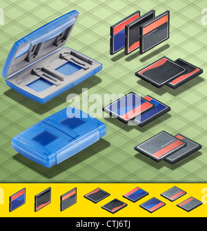 Isometric Photograph - Set of  3 CF card and a Blue Card Case Isolated Stock Photo