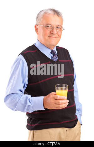 Mature man holding a glass of orange juice, isolated on white background Stock Photo