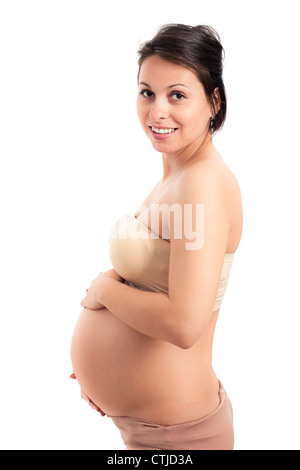 Happy beautiful pregnant woman smiling, isolated on white background. Stock Photo