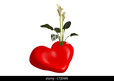 3d computer illustration, digital design of flowers pricked into a red heart to congratulate or give away Valentine's Day, with white background Stock Photo