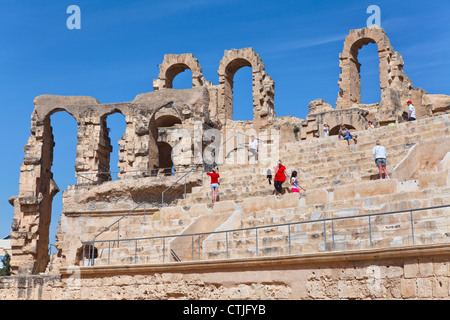 Demolished ancient walls and arches of tribunes in Tunisian Amphitheatre in El Djem, Tunisia Stock Photo