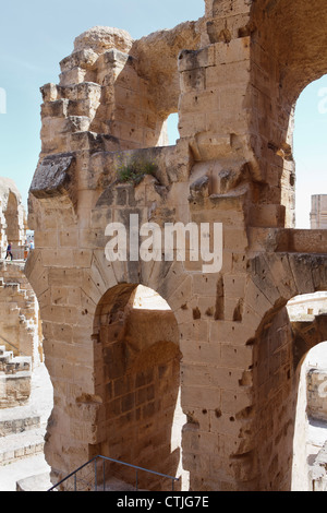Demolished ancient walls and arches of tribunes in Tunisian Amphitheatre in El Djem, Tunisia, Africa Stock Photo