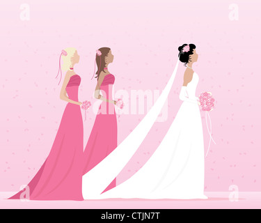 an illustration of a bride dressed in white and two bridesmaids dressed in pink with matching posies on a pink background Stock Photo