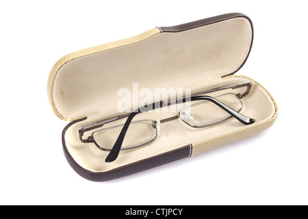 Glasses in spectacle case on white background Stock Photo