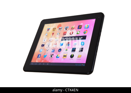 digital play android screen tablet computer isolated against white background. front angle Stock Photo