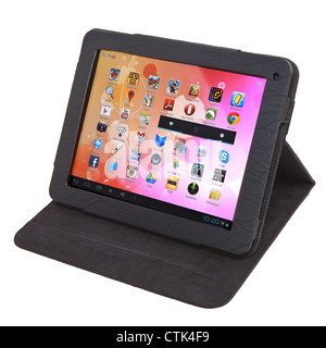 digital play android screen tablet computer isolated against white background. front angle Stock Photo