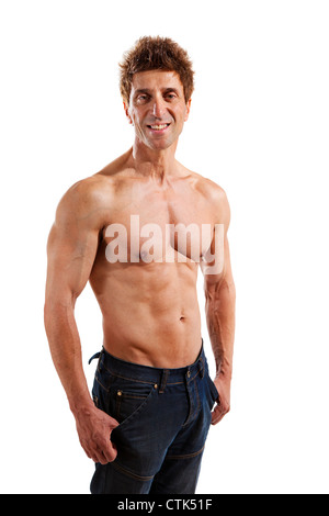 older mens physical health strong muscles 50 year old body fitness body building sport on black background Stock Photo