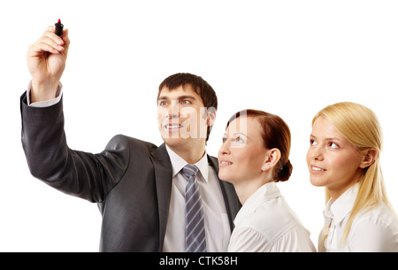 Male boss presenting business ideas to his adorable associates Stock Photo