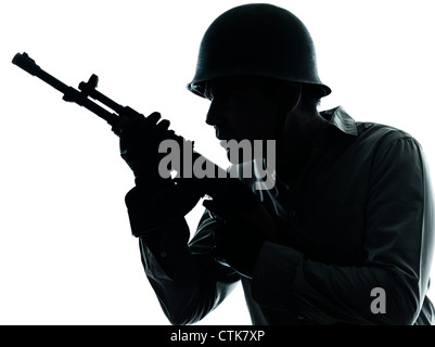 one caucasian army soldier man portrait on guard on studio isolated on white background Stock Photo