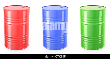 Three single red barrels, red, green and blue isolated on white background Stock Photo