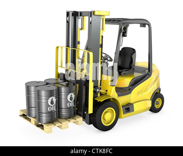 Yellow fork lift lifts four oil barrels, isolated on white background Stock Photo