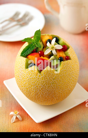 Stuffed melon with azahar (orange blossom scent).  Recipe available. Stock Photo