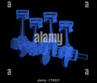 Engine pistons on a crankshaft, blue x-ray version on black background Stock Photo