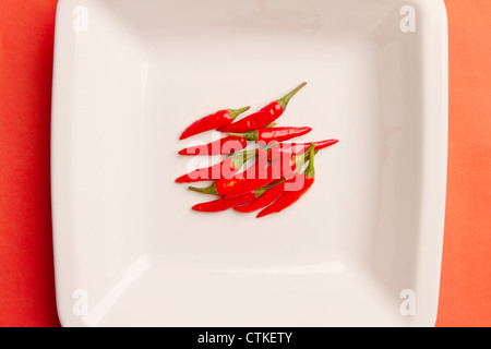 A handful of chillis on a white plate, placed on a bright red background Stock Photo