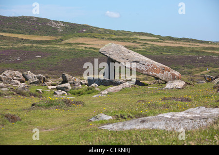 Coetan Arthur dolmen, Ancient Burial Chamber, Neolithic  stones on St David's head, Pembrokeshire National Park, Wales. Stock Photo