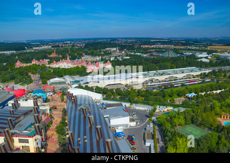Aerial view from helium balloon at Lake Disney on Disney Village and Disneyland Park, Disneyland Resort Paris, France Stock Photo