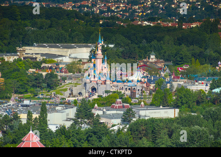 Aerial view from helium balloon at Lake Disney on Sleeping Beauty Castle and Disneyland Park, Disneyland Resort Paris, France Stock Photo