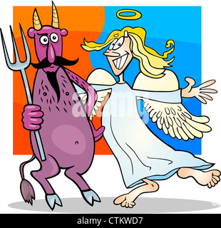 Cartoon Humorous Illustration of Angel and Devil in Friendship Stock Photo