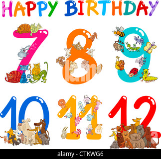 Cartoon Set Illustration of Birthday Anniversary Numbers with Funny Animals or Insects Stock Photo