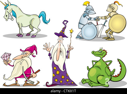 Cartoon Illustrations Set of Fairytale or Fantasy Characters Stock Photo