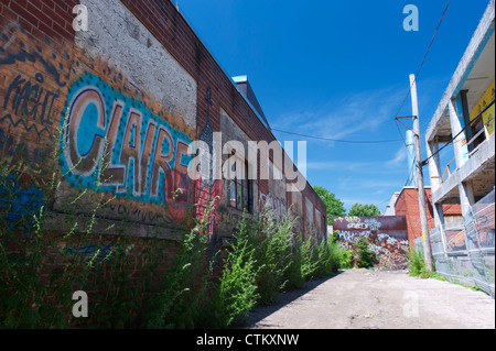 Graffiti in a back alley, Montreal, province of Quebec, Canada. Stock Photo