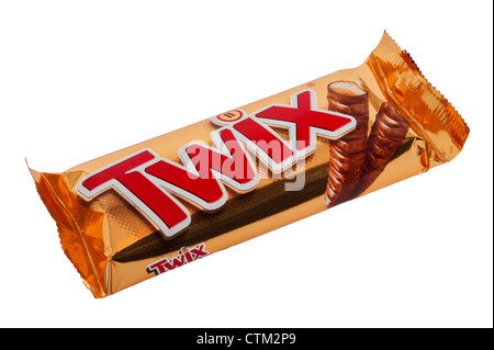 A Twix chocolate bar on a white background Stock Photo