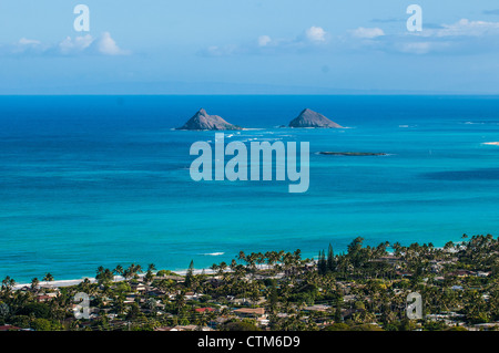 Kailua Bay & the Mokulua Islands, Oahu, Hawaii Stock Photo