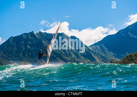 Windsurfing in Hanalei Bay, Kauai, Hawaii Stock Photo