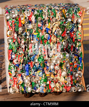 Crushed aluminum cans ready to be recycled, Hong Kong, China. Stock Photo