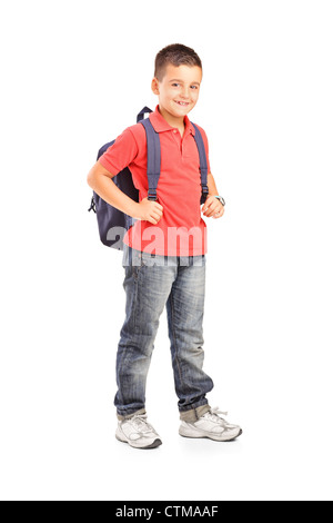 portrait of a school boy with backpack isolated against white ...