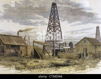 USA. 19th century. Oil well in the Oil-Creek Valley. Colored engraving. 'The Spanish and American Illustration,' 1872. Stock Photo