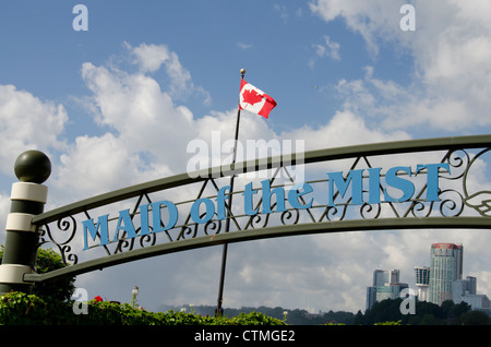 Canada, Ontario, Niagara Falls. Maid of the Mist sign with flag. Stock Photo