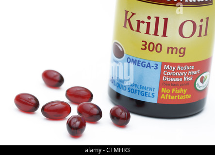 Krill oil pills, a supplemental source of Omega-3 fatty acids Stock Photo