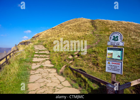National Trust sign on the path to Mam Tor summit in the Peak District National Park Derbyshire England UK Stock Photo