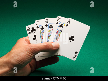 A man's hand holding playing cards on a green table. A Royal Flush of clubs in the game of Poker Stock Photo