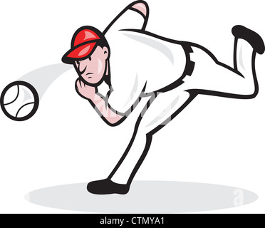 Illustration of a american baseball player pitcher throwing ball cartoon style isolated on white background. Stock Photo